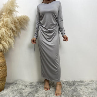 6736# Solid Color Dress Little Bouncy Jersey Material Lace Up Long Slim Sleeves Dress CHAOMENG MUSLIM SHOP muslim abaya dress