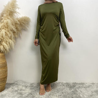 6736# Solid Color Dress Little Bouncy Jersey Material Lace Up Long Slim Sleeves Dress CHAOMENG MUSLIM SHOP muslim abaya dress