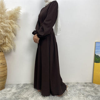6738# 6 colors crepe fabric elasticated balloon sleeves muslim dress abaya - CHAOMENG MUSLIM SHOP