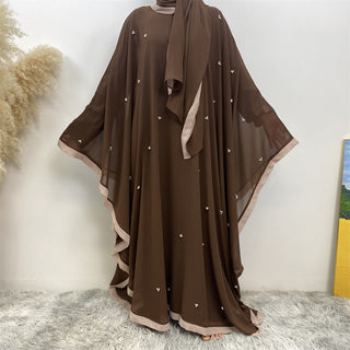 6763#   [with hijab] Eid Fashion Lightweight Chiffon Batwing Sleeves Classy Pearls With Belt Inside Abaya