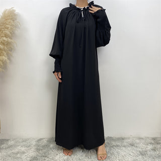6764#  Fashion Long Woman Dress Lace-up Collar With Pleated Sleeve 服装 CHAOMENG chaomeng.myshopify.com Black（黑色） / S (5'0-5'1) Black（黑色） S (5'0-5'1) 