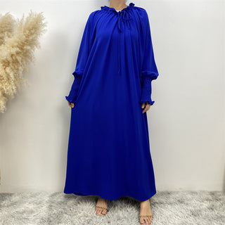 6764#  Fashion Long Woman Dress Lace-up Collar With Pleated Sleeve 服装 CHAOMENG chaomeng.myshopify.com Blue（蓝色） / S (5'0-5'1) Blue（蓝色） S (5'0-5'1) 