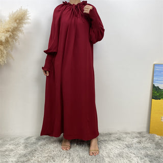 6764#  Fashion Long Woman Dress Lace-up Collar With Pleated Sleeve 服装 CHAOMENG chaomeng.myshopify.com Maroon（暗红） / S (5'0-5'1) Maroon（暗红） S (5'0-5'1) 