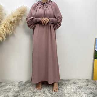 6764#  Fashion Long Woman Dress Lace-up Collar With Pleated Sleeve 服装 CHAOMENG chaomeng.myshopify.com Pink（粉色） / S (5'0-5'1) Pink（粉色） S (5'0-5'1) 