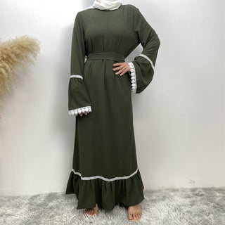 6770# Fashion Elegant flare sleeve with white lace muslim women summer abaya  5 colors 服装 CHAOMENG chaomeng.myshopify.com Army Green （军绿） / S（5'0-5'1） Army Green （军绿） S（5'0-5'1） 