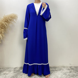6770# Fashion Elegant flare sleeve with white lace muslim women summer abaya  5 colors 服装 CHAOMENG chaomeng.myshopify.com 