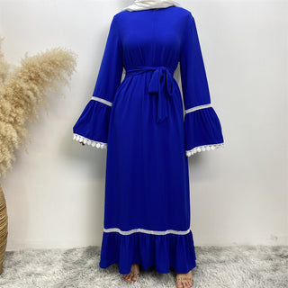 6770# Fashion Elegant flare sleeve with white lace muslim women summer abaya  5 colors 服装 CHAOMENG chaomeng.myshopify.com Blue（蓝色） / S（5'0-5'1） Blue（蓝色） S（5'0-5'1） 