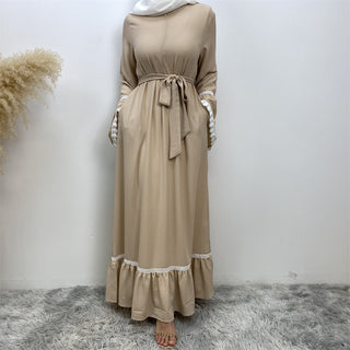 6770# Fashion Elegant flare sleeve with white lace muslim women summer abaya  5 colors 服装 CHAOMENG chaomeng.myshopify.com Beige（杏色） / S（5'0-5'1） Beige（杏色） S（5'0-5'1） 
