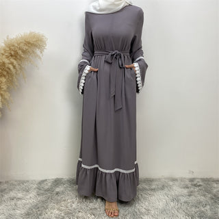 6770# Fashion Elegant flare sleeve with white lace muslim women summer abaya  5 colors 服装 CHAOMENG chaomeng.myshopify.com Grey（灰色） / S（5'0-5'1） Grey（灰色） S（5'0-5'1） 