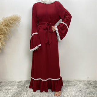 6770# Fashion Elegant flare sleeve with white lace muslim women summer abaya  5 colors 服装 CHAOMENG chaomeng.myshopify.com Maroon （红色） / S（5'0-5'1） Maroon （红色） S（5'0-5'1） 