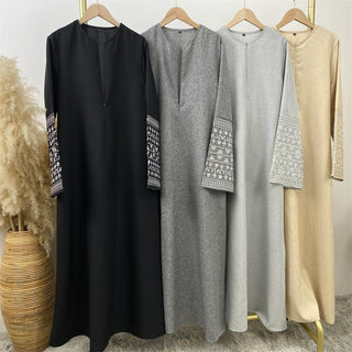 6797#  New Dress Front Zipper Linen Fabric Embroidery Sleeves With Pockets Classy Muslim Islam Ladies 服装 CHAOMENG chaomeng.myshopify.com 