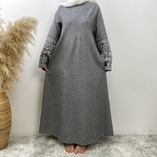 6797#  New Dress Front Zipper Linen Fabric Embroidery Sleeves With Pockets Classy Muslim Islam Ladies 服装 CHAOMENG chaomeng.myshopify.com 