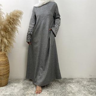 6797#  New Dress Front Zipper Linen Fabric Embroidery Sleeves With Pockets Classy Muslim Islam Ladies 服装 CHAOMENG chaomeng.myshopify.com 