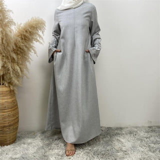 6797#  New Dress Front Zipper Linen Fabric Embroidery Sleeves With Pockets Classy Muslim Islam Ladies 服装 CHAOMENG chaomeng.myshopify.com Light Grey（浅灰） / S（5‘0-5‘1） Light Grey（浅灰） S（5‘0-5‘1） 