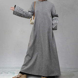 6797#  New Dress Front Zipper Linen Fabric Embroidery Sleeves With Pockets Classy Muslim Islam Ladies 服装 CHAOMENG chaomeng.myshopify.com 