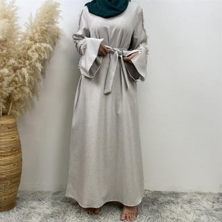 6804# Latest Ladies Linen Material Split Cuffs With Small Tassel Sleeves With Pockets Daily Casual Elegant Dress CHAOMENG chaomeng.myshopify.com Greywhite / S