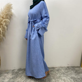 6804# Latest Ladies Linen Material Split Cuffs With Small Tassel Sleeves With Pockets Daily Casual Elegant Dress CHAOMENG chaomeng.myshopify.com 