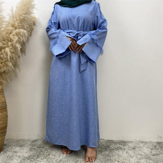 6804# Latest Ladies Linen Material Split Cuffs With Small Tassel Sleeves With Pockets Daily Casual Elegant Dress CHAOMENG chaomeng.myshopify.com Blue / S