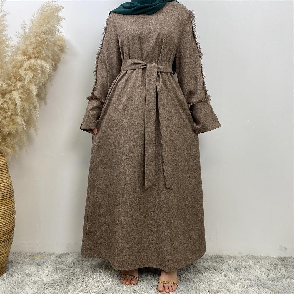 knee length dresses for ladies 6804# Latest Ladies Linen Material Split Cuffs With Small Tassel Sleeves  With Pockets Daily Casual Elegant Dress