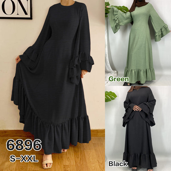 6896# Ramadan Muslim Maxi Dress with Pockets Side Pleated Design Elegant Loose Fit Long Sleeve Islamic Abaya for Women All Seasons