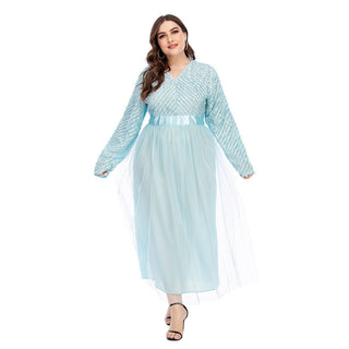 16002# Plus Size Fashion Waist Wrapped Feather V-Neck Dress - CHAOMENG MUSLIM SHOP