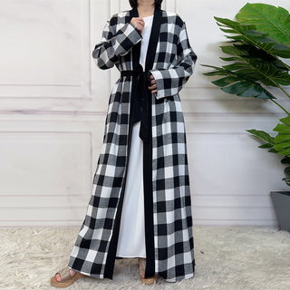 1443#  New Fashion Woman Brushed Fabric Plaid Pockets Muslim Islam Abaya