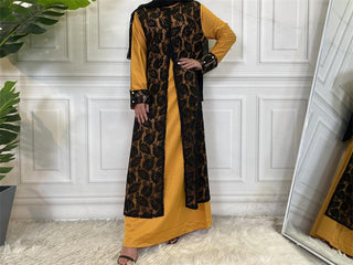 9060#Summer Yellow  With Black Lace Long Sleeve Dresses CHAOMENG MUSLIM SHOP muslim abaya dress