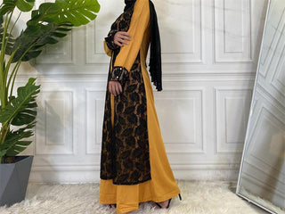 9060#Summer Yellow  With Black Lace Long Sleeve Dresses CHAOMENG MUSLIM SHOP muslim abaya dress