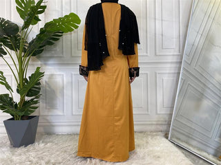 9060#Summer Yellow  With Black Lace Long Sleeve Dresses CHAOMENG MUSLIM SHOP muslim abaya dress