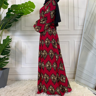 9063#Summer Long Sleeve Printed Red Fashion Chiffon Dresses CHAOMENG MUSLIM SHOP muslim abaya dress