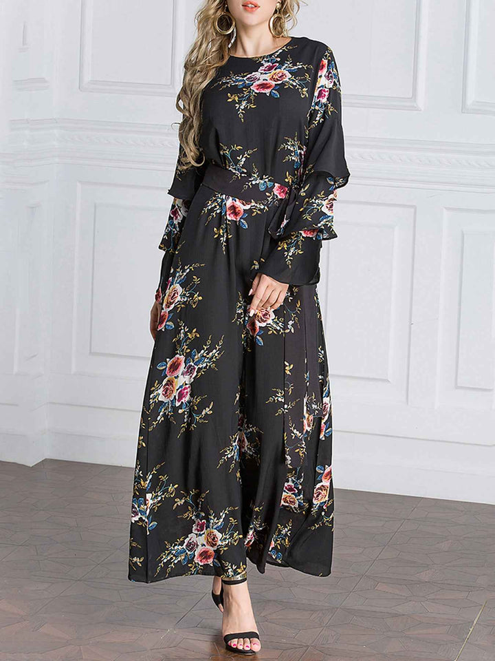 9071# Romantic Rose Print Dress, Elegant Long Sleeve Flare Cuff Design, Perfect for Daily Wear & Parties, Unique Fashion Style