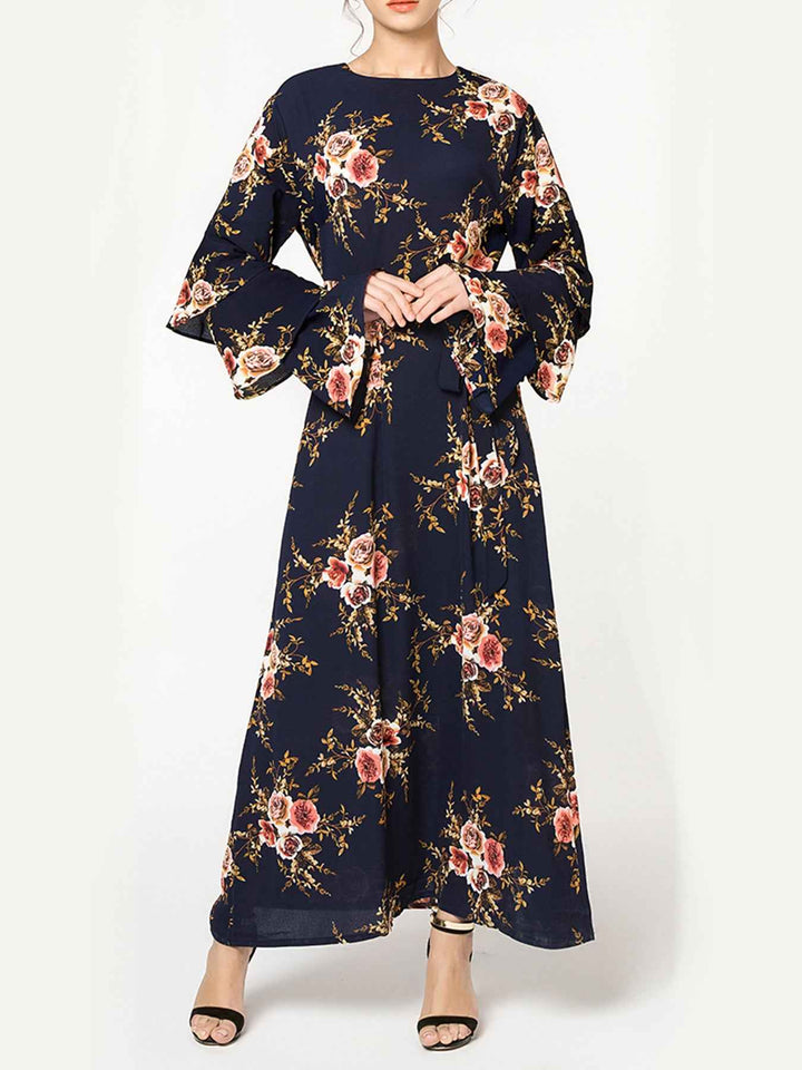 9071# Romantic Rose Print Dress, Elegant Long Sleeve Flare Cuff Design, Perfect for Daily Wear & Parties, Unique Fashion Style