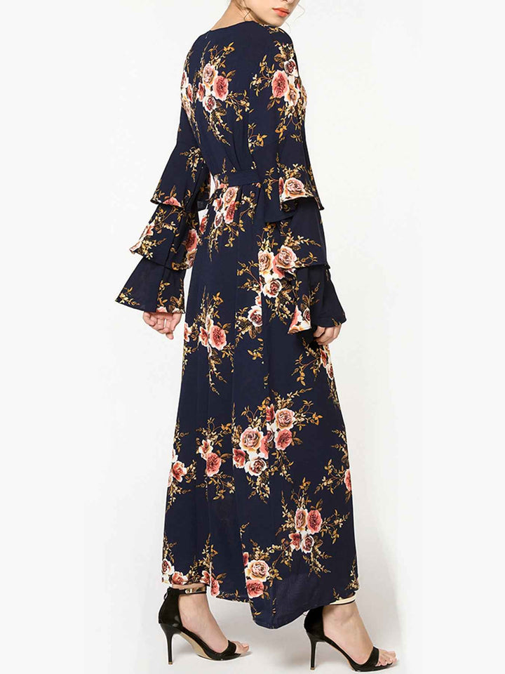 9071# Romantic Rose Print Dress, Elegant Long Sleeve Flare Cuff Design, Perfect for Daily Wear & Parties, Unique Fashion Style