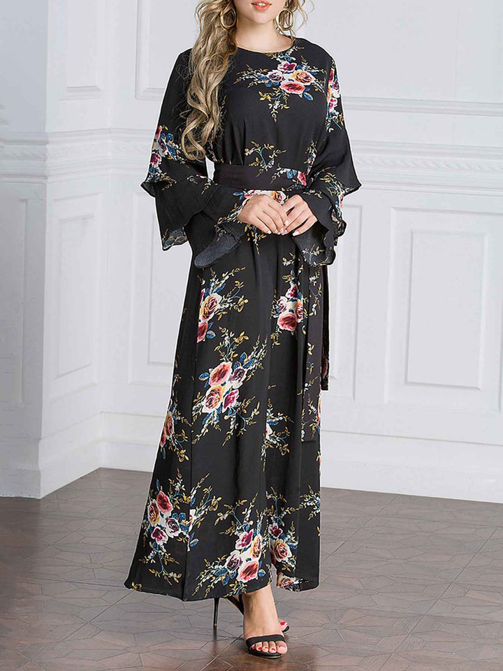 9071# Romantic Rose Print Dress, Elegant Long Sleeve Flare Cuff Design, Perfect for Daily Wear & Parties, Unique Fashion Style