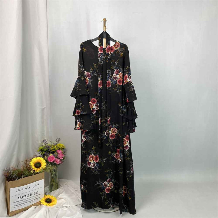 9071# Romantic Rose Print Dress, Elegant Long Sleeve Flare Cuff Design, Perfect for Daily Wear & Parties, Unique Fashion Style