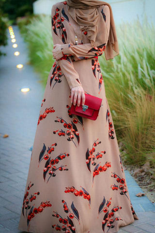 9074#Cherry Printing Fashion Long Sleeve Chiffon Muslim CHAOMENG MUSLIM SHOP muslim abaya dress