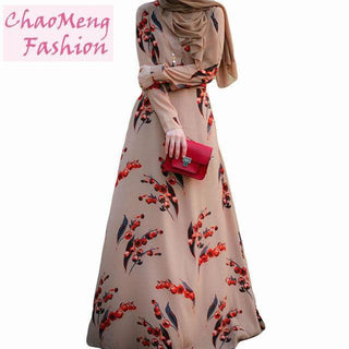 9074#Cherry Printing Fashion Long Sleeve Chiffon Muslim CHAOMENG MUSLIM SHOP muslim abaya dress