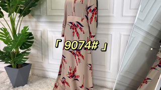 9074#Cherry Printing Fashion Long Sleeve Chiffon Muslim CHAOMENG MUSLIM SHOP muslim abaya dress