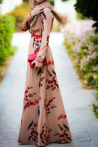 9074#Cherry Printing Fashion Long Sleeve Chiffon Muslim CHAOMENG MUSLIM SHOP muslim abaya dress