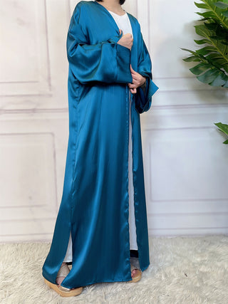 1439# New Fashion Satin Long Shiny Silver Abaya Muslim Woman Batwing Wide Split Sleeves