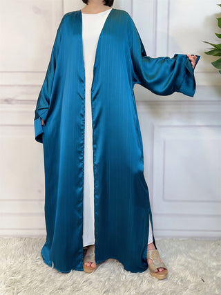 1439# New Fashion Satin Long Shiny Silver Abaya Muslim Woman Batwing Wide Split Sleeves