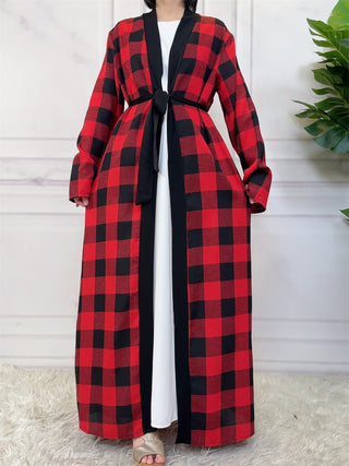 1443#  New Fashion Woman Brushed Fabric Plaid Pockets Muslim Islam Abaya