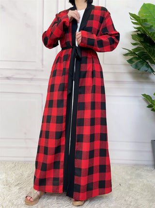 1443#  New Fashion Woman Brushed Fabric Plaid Pockets Muslim Islam Abaya