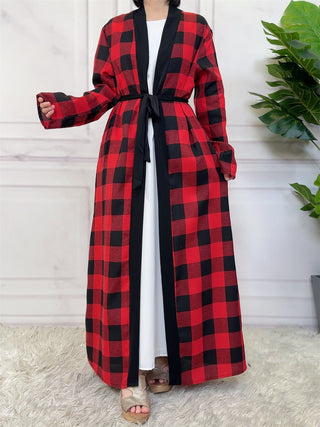 1443#  New Fashion Woman Brushed Fabric Plaid Pockets Muslim Islam Abaya