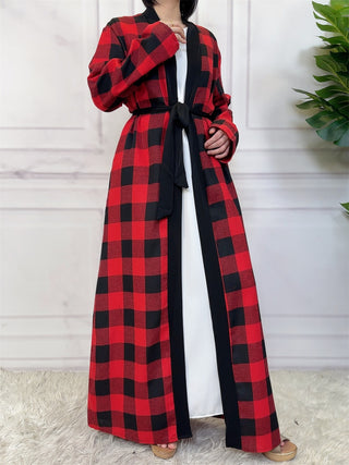 1443#  New Fashion Woman Brushed Fabric Plaid Pockets Muslim Islam Abaya