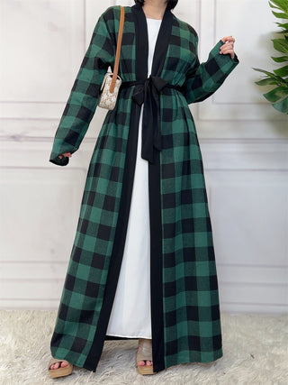 1443#  New Fashion Woman Brushed Fabric Plaid Pockets Muslim Islam Abaya