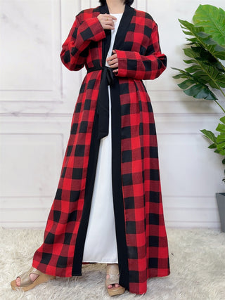 1443#  New Fashion Woman Brushed Fabric Plaid Pockets Muslim Islam Abaya