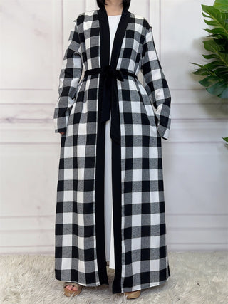 1443#  New Fashion Woman Brushed Fabric Plaid Pockets Muslim Islam Abaya