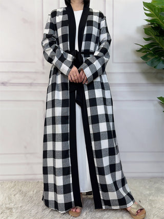 1443#  New Fashion Woman Brushed Fabric Plaid Pockets Muslim Islam Abaya