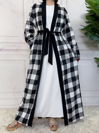 1443#  New Fashion Woman Brushed Fabric Plaid Pockets Muslim Islam Abaya